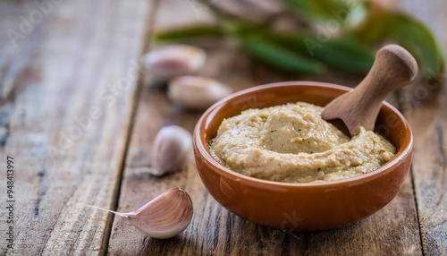 Bowl of toum, Lebanese garlic paste on wooden background. Food and spice concept. photo