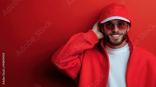 A man in a vibrant red outfit, including a cap and glasses, smiling joyfully against a red wall, embodying confidence and passion in a modern urban setting.