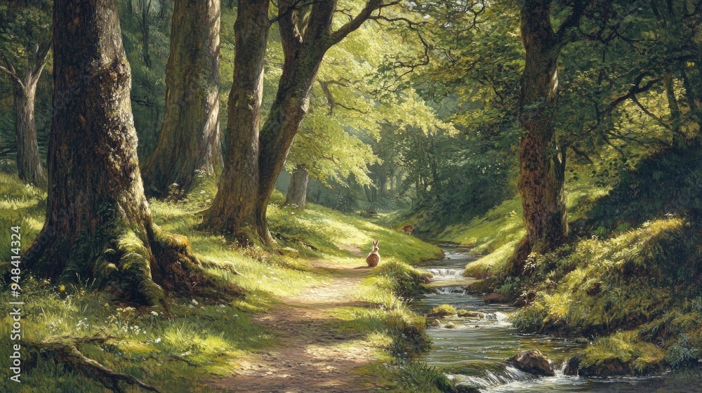 Fototapeta premium Tranquil woodland path beside a crystal-clear brook, rabbits hopping, birds singing, tall ancient trees providing shade, soft light filtering through