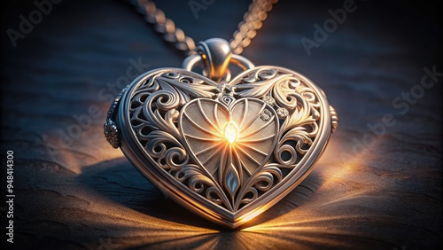 Delicate silver heart-shaped locket with intricate filigree design lies open, revealing a glowing light, symbolizing love, hope, and compassion in a serene atmosphere.