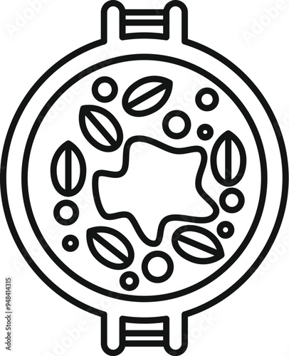 Simple black and white vector icon of food cooking in a pan with spices and herbs