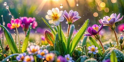 Delicate spring plants sparkle with intricate dew drops, showcasing vibrant spring flowers in full bloom, surrounded by lush greenery on a serene morning scene. photo