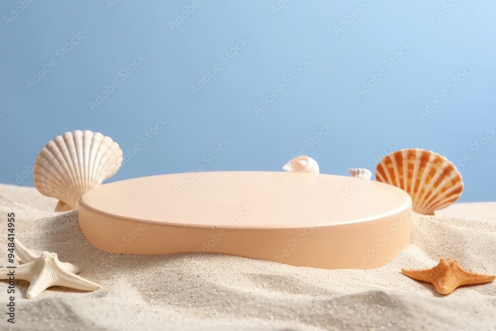 Seashell podium on sand Seashell podium on sand