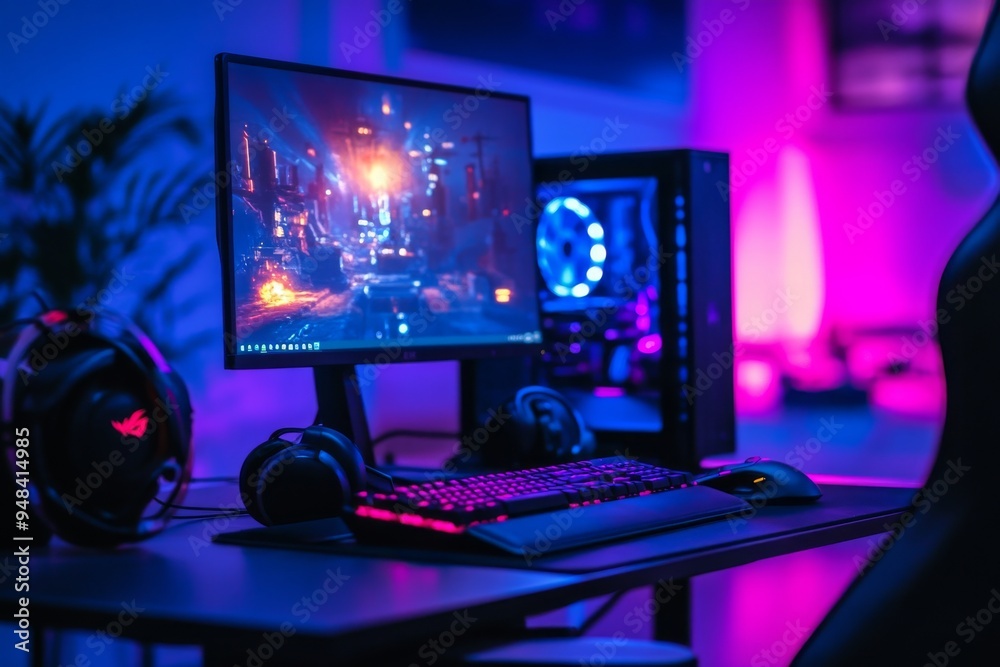 Gaming PC set up with a full RGB light inside. Gaming desktop, monitor, keyboard, gaming mouse, armchair. Neon themed room in which video games are being played. Gaming PC set up with a full RGB light inside. Gaming desktop, monitor, keyboard, gaming mouse, armchair. Neon themed room in which video games are being played.