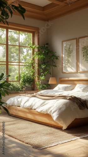 two plants in a modern bedroom with natural materials creating a serene and stylish setting