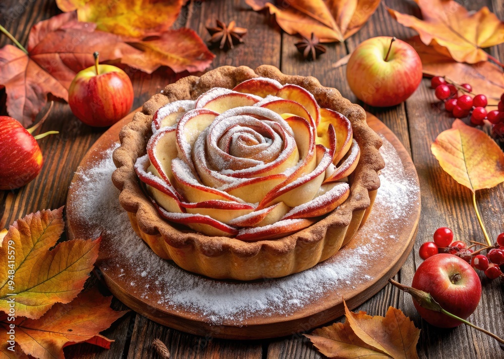 Delicious traditional autumn dessert, a freshly baked rose-shaped apple pie, dusted with sugar powder, placed on a wooden background, surrounded by fall decor elements. Delicious traditional autumn dessert, a freshly baked rose-shaped apple pie, dusted with sugar powder, placed on a wooden background, surrounded by fall decor elements.