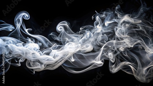 Delicate, wispy tendrils of white steam or smoke swirl and dance against a stark black background, evoking an ethereal, dreamlike atmosphere of mystery and subtlety. photo