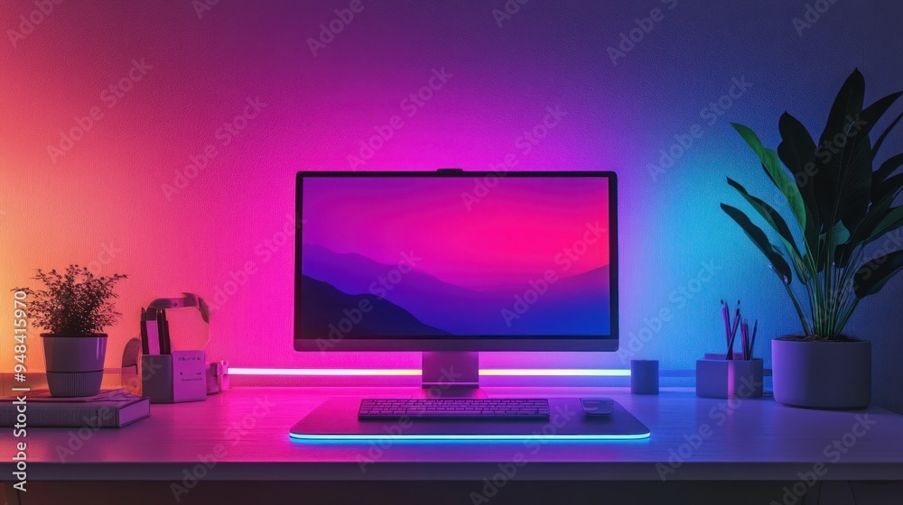 Modern Workstation with Neon Lights Modern Workstation with Neon Lights