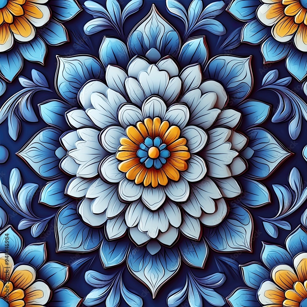Symmetrical floral mandala in soothing blues and whites. Generative AI Symmetrical floral mandala in soothing blues and whites. Generative AI