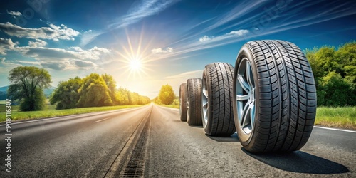 Summer tires on the hot asphalt road under the sun, perfect for summer driving conditions