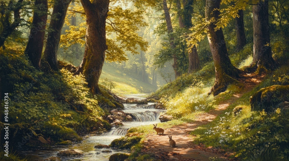 Obraz premium Tranquil woodland path beside a crystal-clear brook, rabbits hopping, birds singing, tall ancient trees providing shade, soft light filtering through