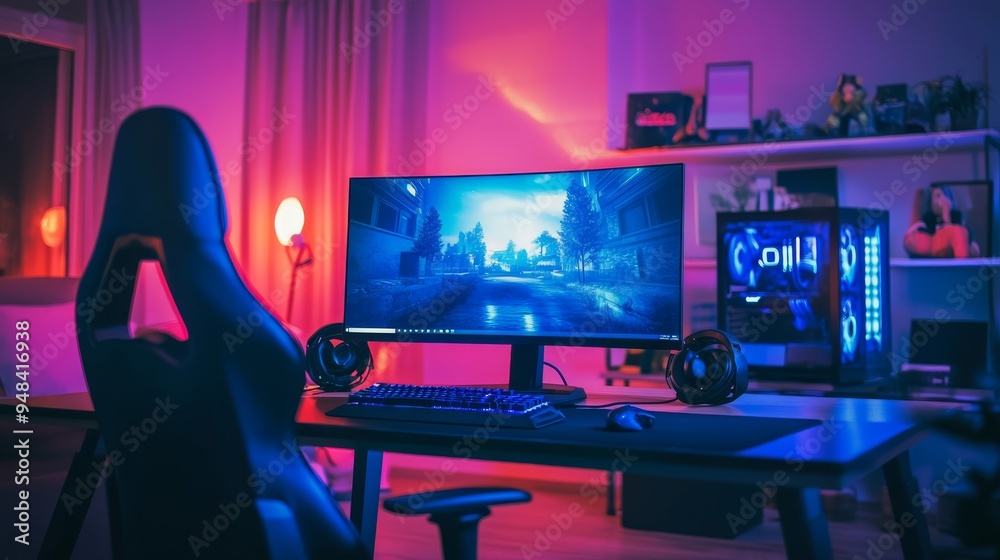 This gaming room has a computer, gamer chair, and neon lights. It is in stock. This gaming room has a computer, gamer chair, and neon lights. It is in stock.