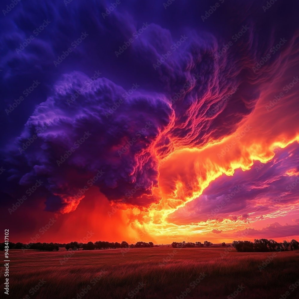 Obraz premium Vibrant sunset illuminating dramatic clouds over open fields