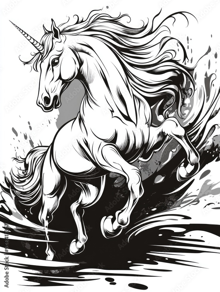 2D cartoon illustration of a unicorn horse in a fantasy style featuring ink and brush techniques for isolated graphic design including outlines symbols and additional uses 2D cartoon illustration of a unicorn horse in a fantasy style featuring ink and brush techniques for isolated graphic design including outlines symbols and additional uses