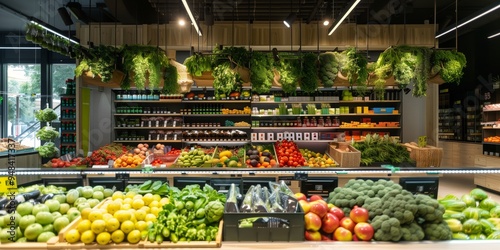Fototapeta Naklejka Na Ścianę i Meble -  A supermarket with lots of fresh and healthy fruits and vegetables on shelves