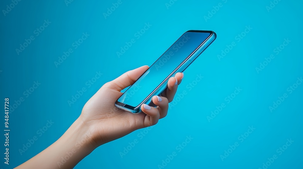 A hand holding a smartphone delicately by the edge with thumb and index finger, slightly tilted to show the app interface, backdrop in vibrant blue, commercial photography, hyper-realistic, high A hand holding a smartphone delicately by the edge with thumb and index finger, slightly tilted to show the app interface, backdrop in vibrant blue, commercial photography, hyper-realistic, high