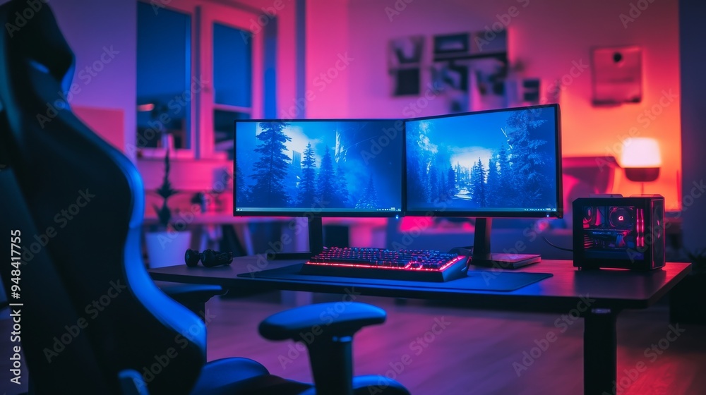 The setup includes a high-performing gaming computer with RGB lighting, a gaming chair, and photorealistic graphics generated by a neural network The setup includes a high-performing gaming computer with RGB lighting, a gaming chair, and photorealistic graphics generated by a neural network