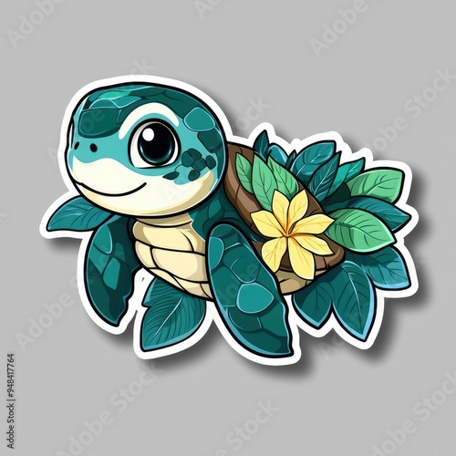 Adorable Cartoon Sea Turtle with Flowers on its Shell photo