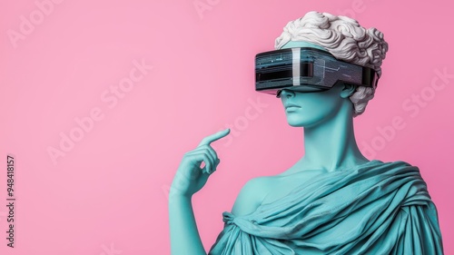 Classical figure in pastel blues, sporting high-tech glasses, juxtaposing history with futuristic elements photo