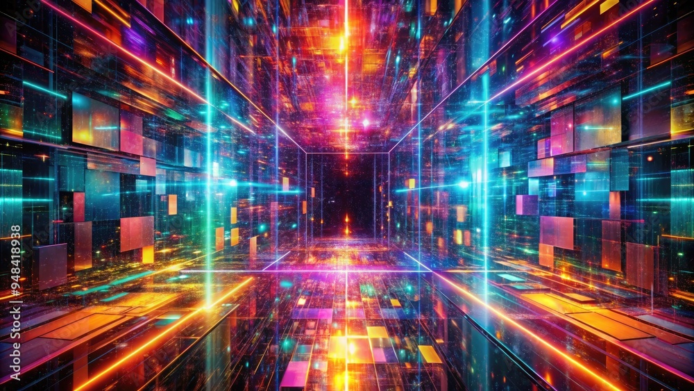 Fototapeta premium Dimensional Glitch Matrix: Intersecting parallel universes, fractured code, vibrant colors bleeding into each other