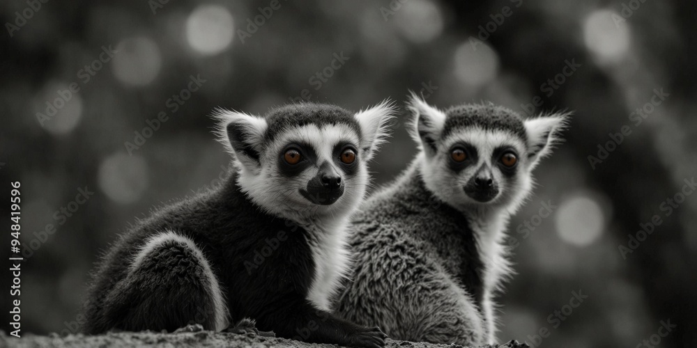 Fototapeta premium Curious lemurs peeking over edge in black and white.