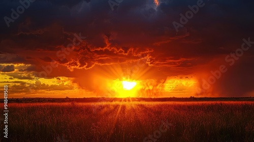 Majestic Sunset Behind Stormy Horizon - Dramatic Weather and Contrasts of Light and Dark