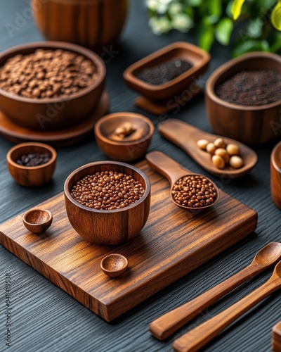 A rustic wooden setting with various bowls of spices and seeds, showcasing culinary ingredients and natural textures.