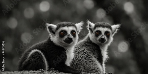 Curious lemurs peeking over edge in black and white.