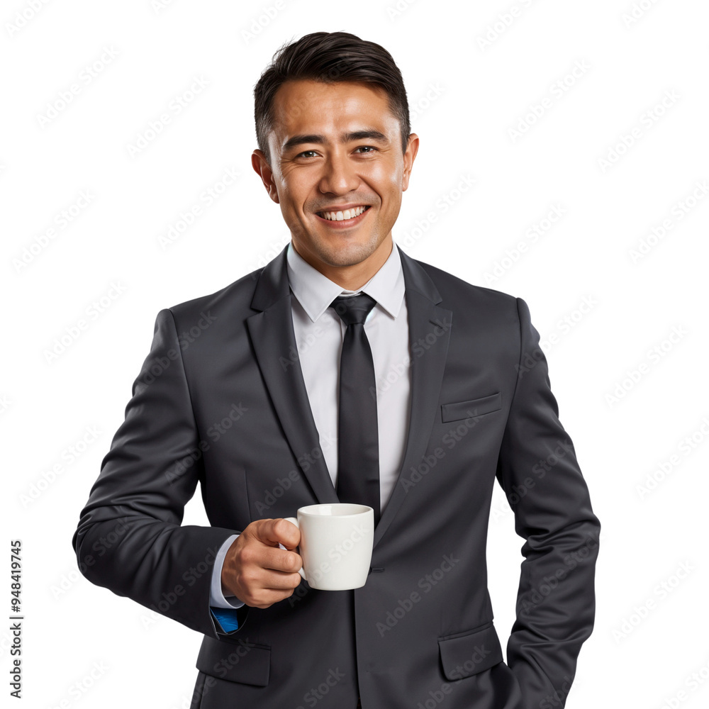 Portrait of a smiling professional businessman holding a cup of coffee, isolated on transparent background, cut out Portrait of a smiling professional businessman holding a cup of coffee, isolated on transparent background, cut out