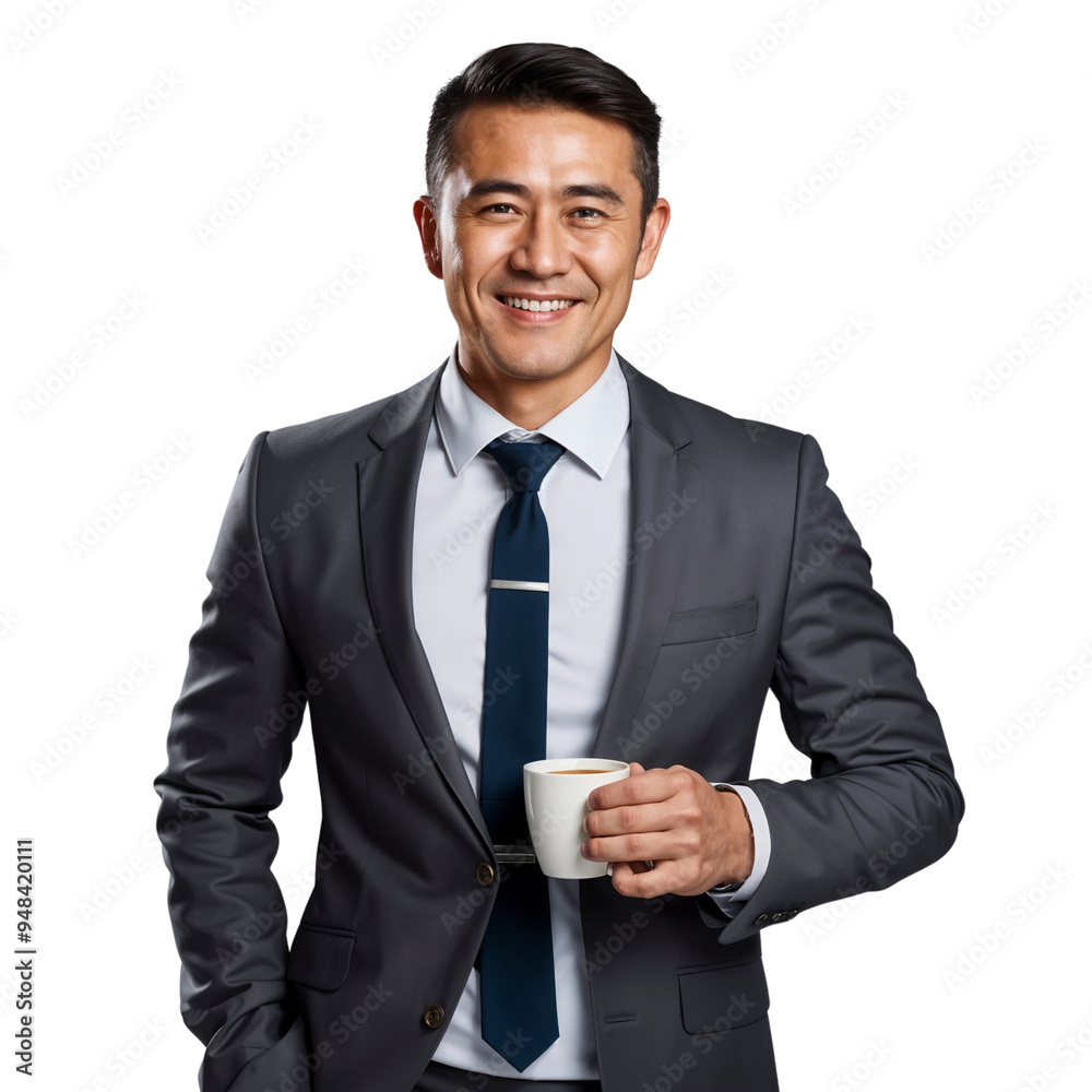 Portrait of a smiling professional businessman holding a cup of coffee, isolated on transparent background, cut out Portrait of a smiling professional businessman holding a cup of coffee, isolated on transparent background, cut out