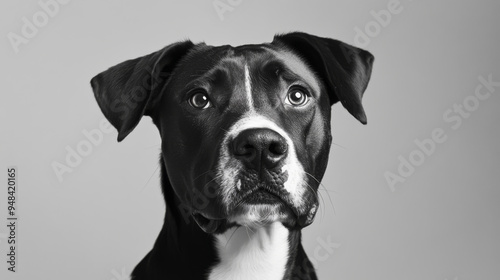 Studio headshot of a black-and-white dog tilting its head and looking forward against a light gray background.