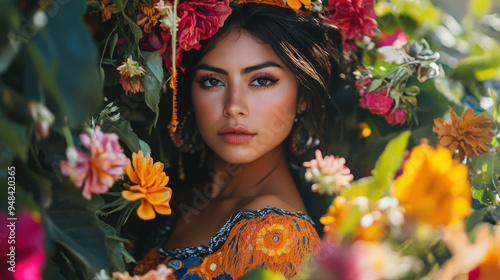 Beautiful Mexican woman dressed in urban fashion surrounded by a vibrant flower garden