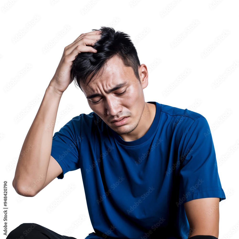 A depressed man with a headache, isolated on transparent background, cut out A depressed man with a headache, isolated on transparent background, cut out