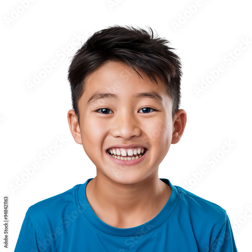 Portrait of a smiling boy with happy expression, isolated on transparent background, cut out