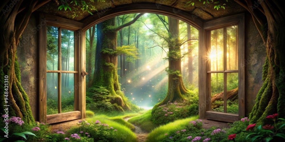 Enchanting magical window overlooking a lush fairy forest Enchanting magical window overlooking a lush fairy forest