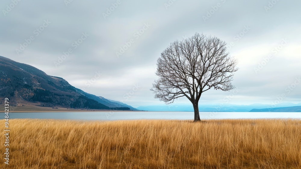 Solitary tree stands in the middle of a vast field with a mountain backdrop, under a cloudy sky near a calm body of water. Solitary tree stands in the middle of a vast field with a mountain backdrop, under a cloudy sky near a calm body of water.