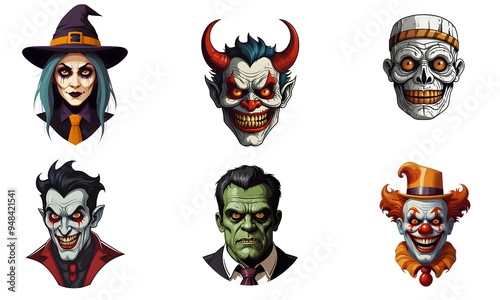 Set of cartoon horror devil, frankenstein, clown, witch, vampire, mummy character faces. vector illustration of evil devil, frankenstein, clown, witch, vampire, mummy smile scary circus monsters. photo