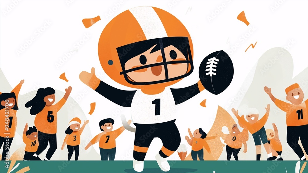 Football Celebration: A joyful cartoon illustration of a football player in a celebratory moment, surrounded by cheering fans, capturing the energy and excitement of a big win. 