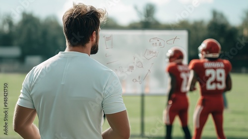 Coach's Strategy: A focused coach in a white t-shirt stands before a whiteboard with a game plan, his team in red jerseys listens intently, ready for the next play. 