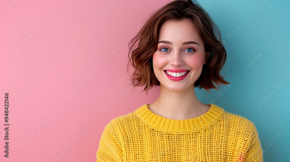 Smiling woman in yellow sweater against colorful background, joyful expression, casual fashion, vibrant portrait, studio shot. Smiling woman in yellow sweater against colorful background, joyful expression, casual fashion, vibrant portrait, studio shot.