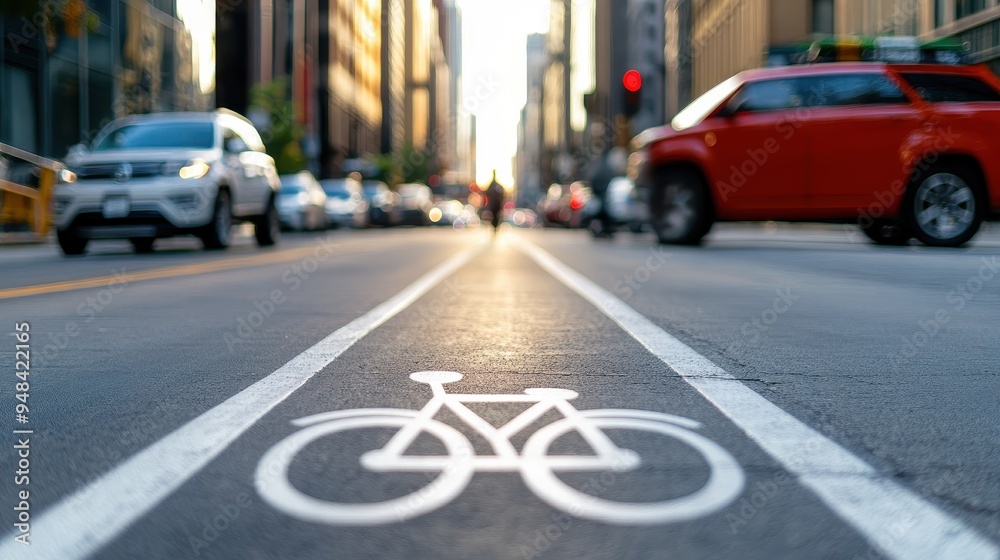 A vibrant urban scene showcasing a bicycle lane amidst busy traffic in a city setting, highlighting transportation and mobility. A vibrant urban scene showcasing a bicycle lane amidst busy traffic in a city setting, highlighting transportation and mobility.