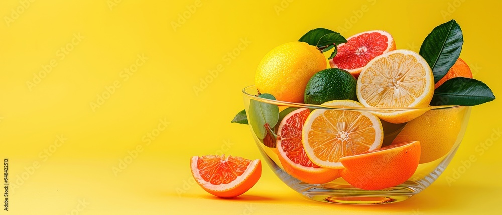 Fresh citrus fruits including lemons, oranges, and grapefruits in a glass bowl on a yellow background. Bright and vibrant healthy food concept.