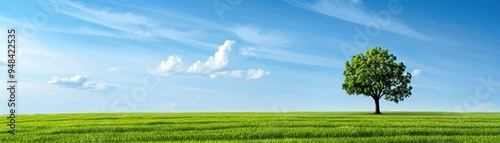 A lone tree under a clear blue sky in a vast green field, showcasing serene nature and tranquility. Ideal for landscape and nature themes.