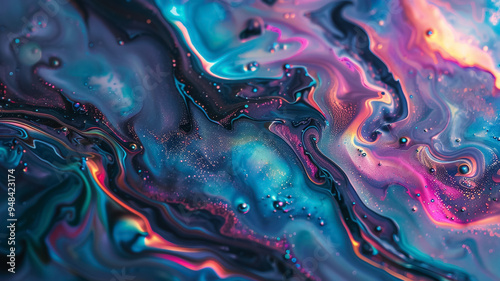 A trendy abstract background with iridescent ink effects, featuring swirling colors and fluid textures. The design blends vibrant hues and metallic tones, creating a modern, artistic look.