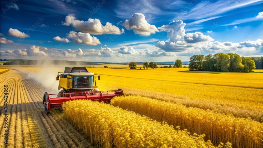 Golden rapeseed fields stretch towards the horizon as a combine harvester collects the ripe crop on a sunny day in late summer. Golden rapeseed fields stretch towards the horizon as a combine harvester collects the ripe crop on a sunny day in late summer.