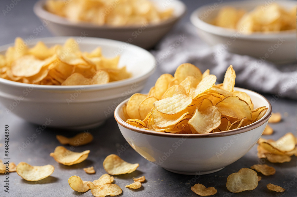 Bowls of crispy potato chips are elegantly arranged on a rustic table, with scattered chips around. The warm ambiance highlights the perfect snack for gatherings or movie nights. Bowls of crispy potato chips are elegantly arranged on a rustic table, with scattered chips around. The warm ambiance highlights the perfect snack for gatherings or movie nights.