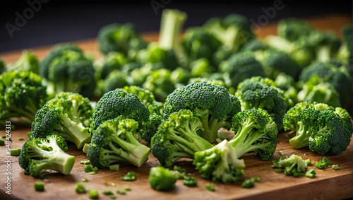 A vibrant display of freshly chopped broccoli arranged on a wooden cutting board, showcasing a healthy ingredient ready for cooking in a vibrant kitchen setting.