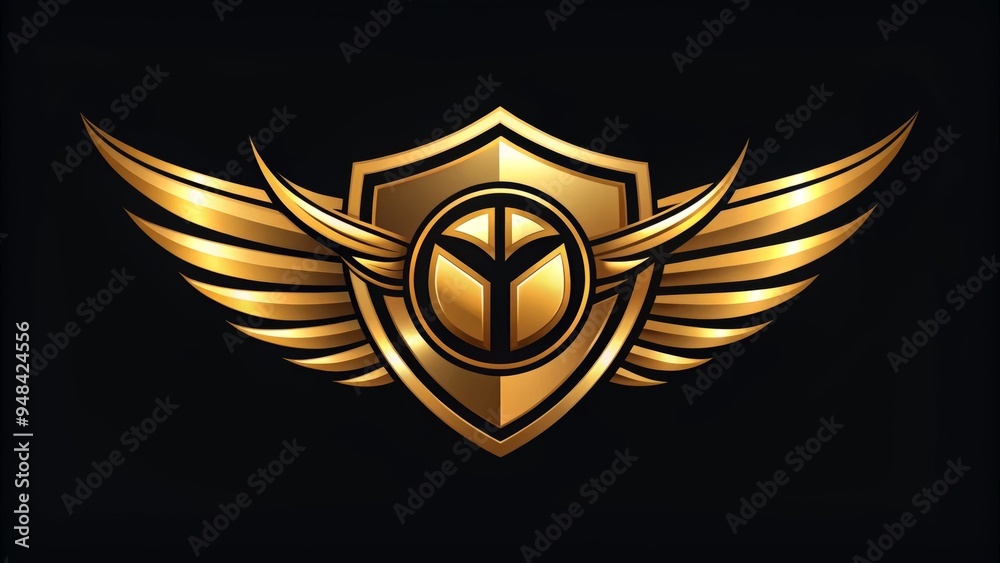 Golden shield emblem with bold typography and stylized wings, surrounded by a circle, representing speed, strength, and unity for a dynamic sports club brand identity. Golden shield emblem with bold typography and stylized wings, surrounded by a circle, representing speed, strength, and unity for a dynamic sports club brand identity.