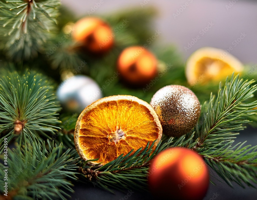 Tannenzweig und getrocknete Orangenscheiben, Weihnachtskugeln, verschwommener Hintergrund Tannenzweig und getrocknete Orangenscheiben, Weihnachtskugeln, verschwommener Hintergrund