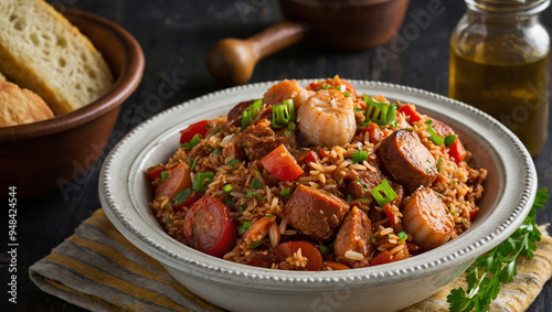 A vibrant dish of jambalaya featuring shrimp, sausage, and vegetables sits on a rustic wooden table, garnished with green onions. Fresh bread and olive oil are placed nearby.